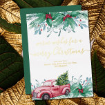 Holly Mistletoe and Christmas Red Truck Gold 箔シーズンカード<br><div class="desc">Elegant and traditional holiday card with luxury gold foil,  handwritten script typography and watercolor design. The design features holly plants,  mistletoe,  sprigs of pine and a vintage red truck with christmas tree decorated with string lights. The template is set up for you to add your sign off and name(s).</div>