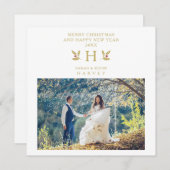 Holly Monogram Initial Christmas Newlyweds Photo (正面/裏面)