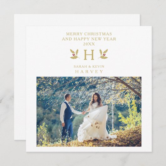 Holly Monogram Initial Christmas Newlyweds Photo (正面/裏面)
