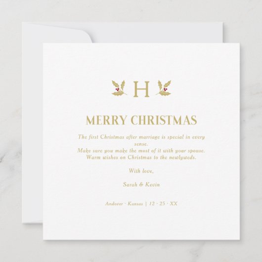 Holly Monogram Initial Christmas Newlyweds Photo (裏面)