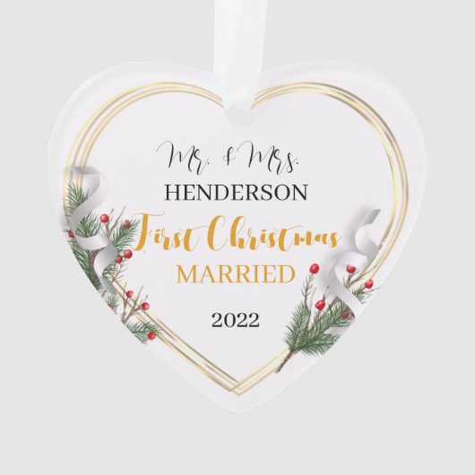 Holly & Pine金ゴールドフレーム写真Newlyweds両面 オーナメント (裏面)