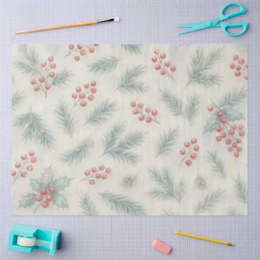 Holly & Pine Winter Botanical Background Decoupage 薄葉紙 (クラフト)