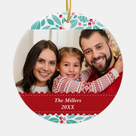 Holly Redリボンの枝の写真カスタム。 セラミックオーナメント (正面)