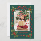 Holly Ribbon Green Merry Christmas Photo シーズンカード (正面)