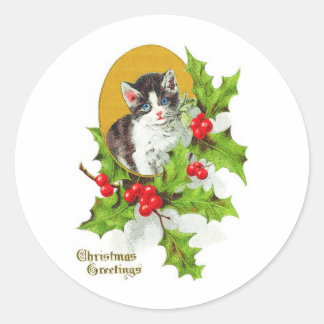 Holly Vintageクリスマスステッカーの子猫 ラウンドシール