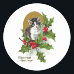 Holly Vintage Christmasの子猫(H.SandyRelief) ラウンドシール<br><div class="desc">ヴィンテージの黒と白の子猫がホリーに「クリスマスグリーティング」と一緒に</div>