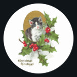 Holly Vintage Christmasの子猫(H.SandyRelief) ラウンドシール<br><div class="desc">ヴィンテージの黒と白の子猫がホリーに「クリスマスグリーティング」と一緒に</div>