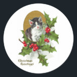 Holly Vintage Christmasの子猫(H.SandyRelief) ラウンドシール<br><div class="desc">ヴィンテージの黒と白の子猫がホリーに「クリスマスグリーティング」と一緒に</div>