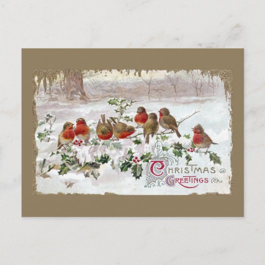 Holly Vintage Christmasの英語ロビンズ8つ シーズンポストカード (正面)