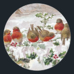 Holly Vintage Christmasの英語ロビンズ8つ ラウンドシール<br><div class="desc">1912年のヴィンテージのクリスマスハガキに、雪の中のホリーの枝に8個のイギリスのロビンが並ぶ。</div>