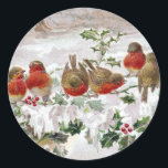 Holly Vintage Christmasの英語ロビンズ8つ ラウンドシール<br><div class="desc">1912年のヴィンテージのクリスマスハガキに、雪の中のホリーの枝に8個のイギリスのロビンが並ぶ。</div>
