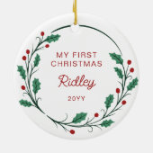 Holly Wreath Baby's First Christmas Round Photo セラミックオーナメント (裏面)