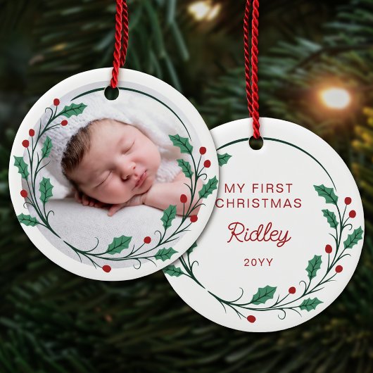 Holly Wreath Baby's First Christmas Round Photo セラミックオーナメント