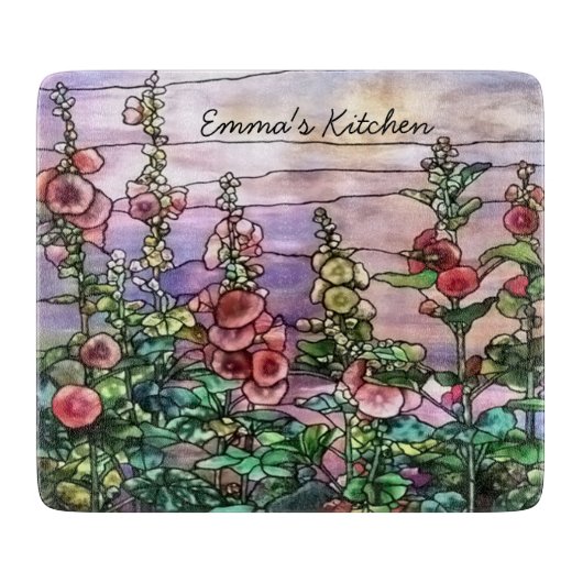 Hollyhocksのヴィンテージの花のTiffanyのステンドグラス カッティングボード (正面)