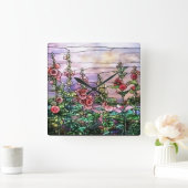 Hollyhocksヴィンテージフローラティファニーステンドグラス スクエア壁時計 (ホーム)