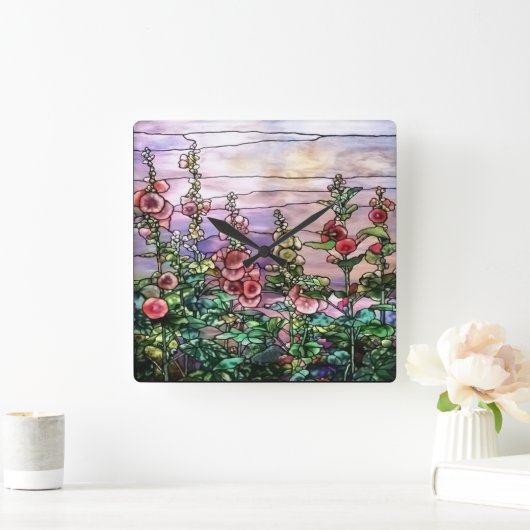 Hollyhocksヴィンテージフローラティファニーステンドグラス スクエア壁時計 (ホーム)