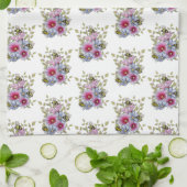 Hollyhocks and Blue Flowers with Bumble BEES キッチンタオル (折り畳み)