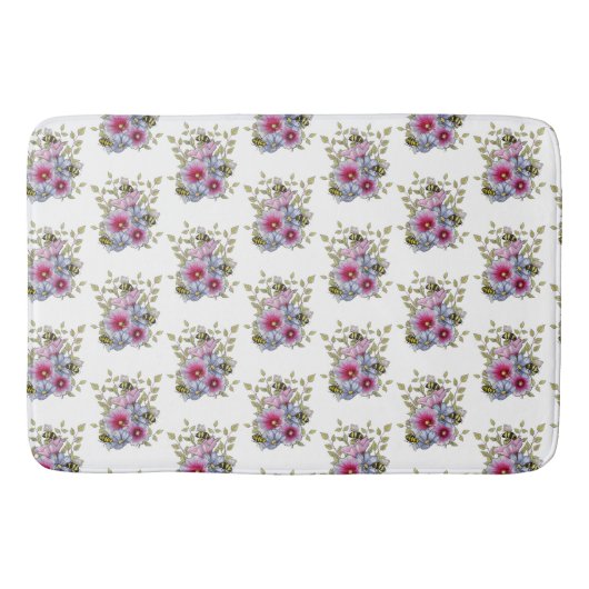 Hollyhocks and Blue Flowers with Bumble BEES バスマット (正面)