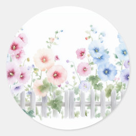 Hollyhocks & Rustic Wood Fence Watercolor ラウンドシール