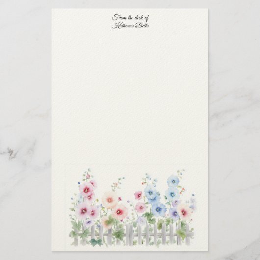 Hollyhocks & Rustic Wood Fence Watercolor 便箋 (正面)