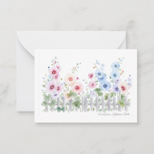 Hollyhocks & Rustic Wood Fence Watercolor Flat ノートカード (正面)
