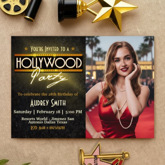 Hollywood Party with Picture Birthday Invitation 招待状
