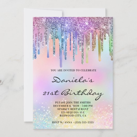 Holo Glitter Rainbow Drips 21st Birthday 招待状 (正面)