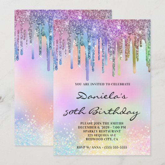Holo Glitter Rainbow Drips 50th Birthday 招待状 (正面/裏面)