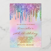 Holo Glitter Rainbow Drips 50th Birthday 箔招待状 (正面)