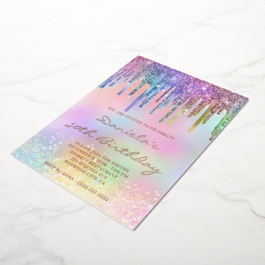 Holo Glitter Rainbow Drips 50th Birthday 箔招待状 (回転した状態)