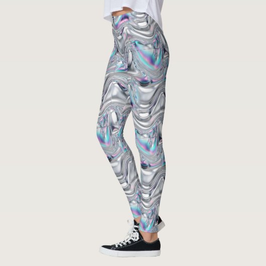 Holographic Chrome Iridescent Futuristic Pattern レギンス (左)