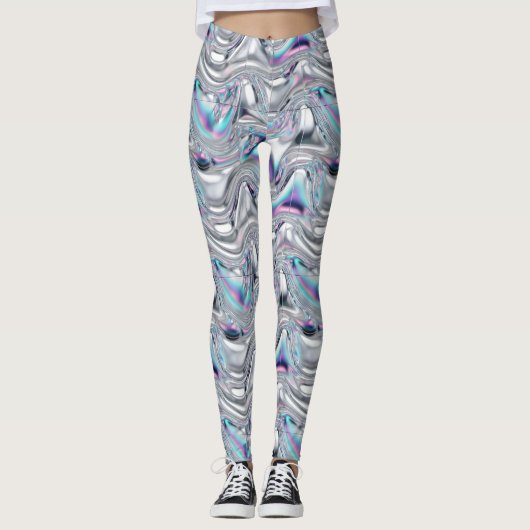 Holographic Chrome Iridescent Futuristic Pattern レギンス (正面)