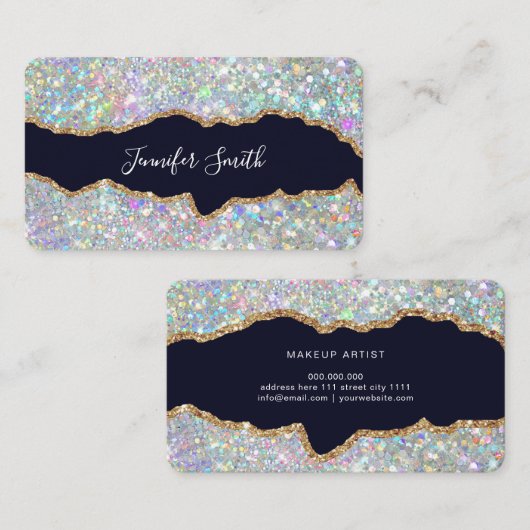 Holographic Glitter Gold Agate Modern Elegant 名刺 (正面/裏面)