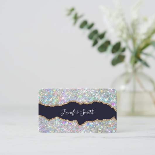 Holographic Glitter Gold Agate Modern Elegant 名刺 (スタンド正面)