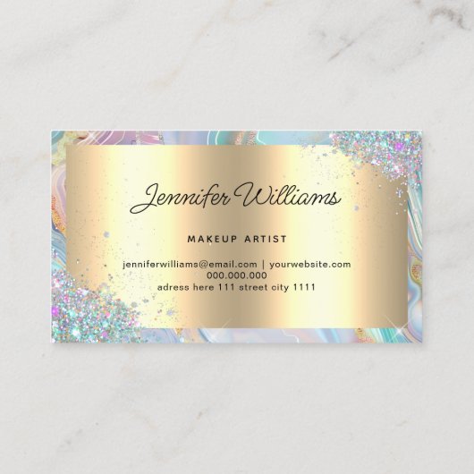 Holographic Glitter Gold Foil Purple Marble Agate 名刺 (裏面)