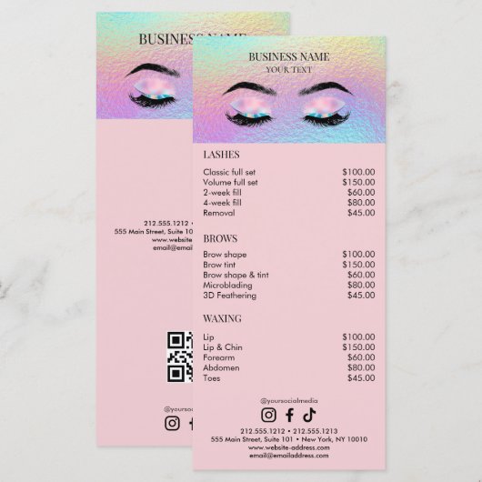 Holographic Lashes Salon Price List メニュー (正面/裏面)
