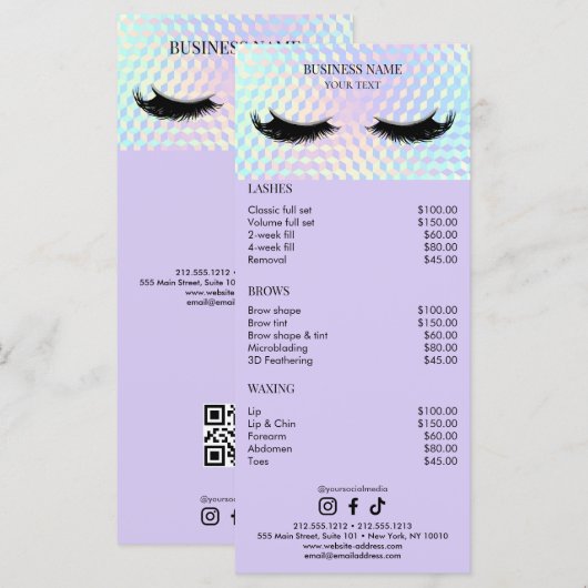 Holographic Lashes Salon Price List メニュー (正面/裏面)