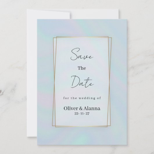Holographic lavender blue marble Save The Date 招待状 (正面)