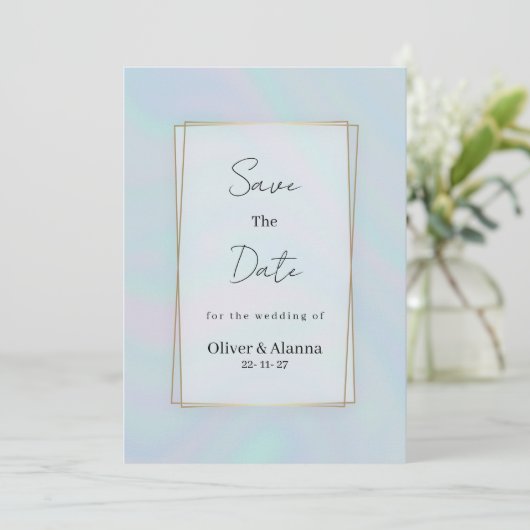 Holographic lavender blue marble Save The Date 招待状 (スタンド正面)