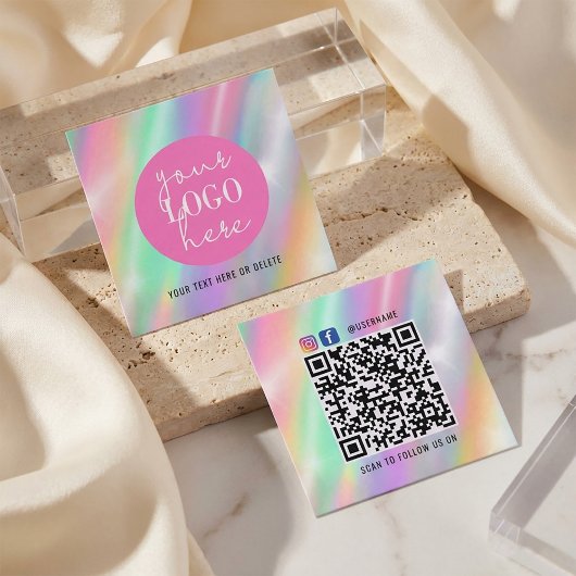 Holographic Pastel Brand Card with QR Code スクエア名刺