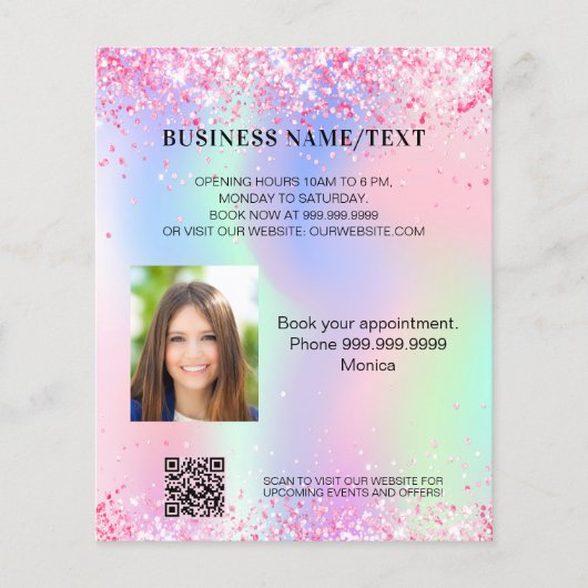 Holographic pink photo qr code business チラシ (正面)