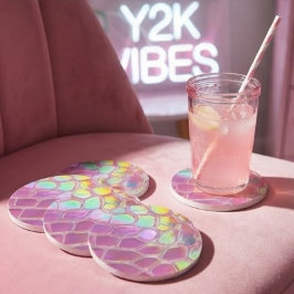 Holographic pink y2k aesthetic metallic cyber chic コースター