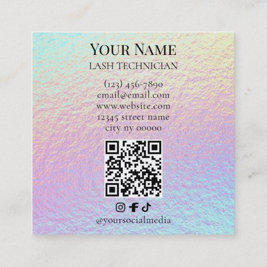 Holographic QR code Beige and Gold Lash Technician スクエア名刺 (裏面)