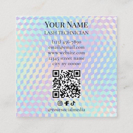Holographic QR code Beige and Gold Lash Technician スクエア名刺 (裏面)