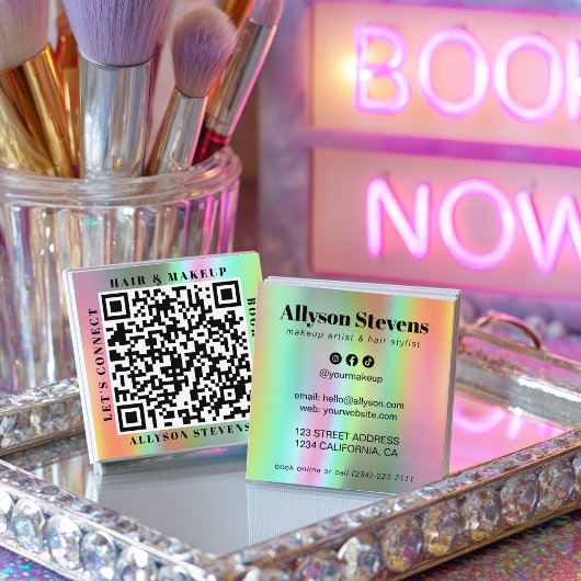 Holographic Rainbow Bold QR Code Hair & Makeup スクエア名刺