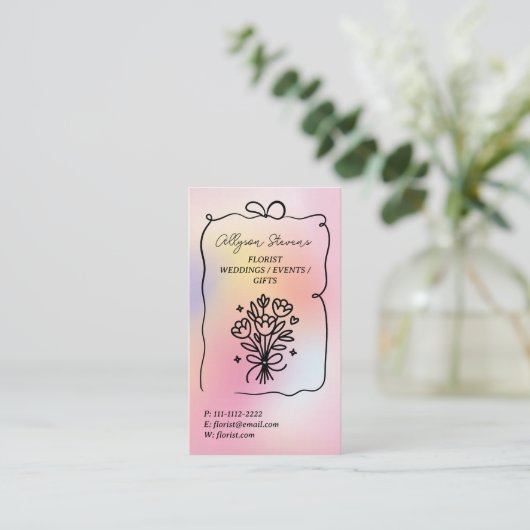 Holographic rainbow Doodles Florist Artist QR Code 名刺 (スタンド正面)