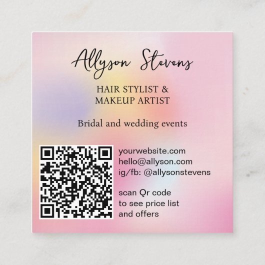Holographic Rainbow Unicorn Initial Makeup QR Code スクエア名刺 (裏面)