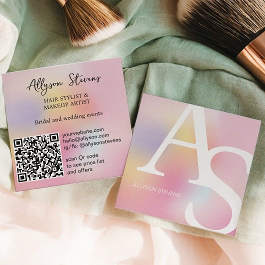 Holographic Rainbow Unicorn Initial Makeup QR Code スクエア名刺