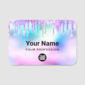 Holographic  Trendy Cute Glitter Drips Employee 名札 (正面)