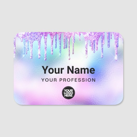 Holographic Trendy Cute Glitter Drips Employee 名札 (正面)